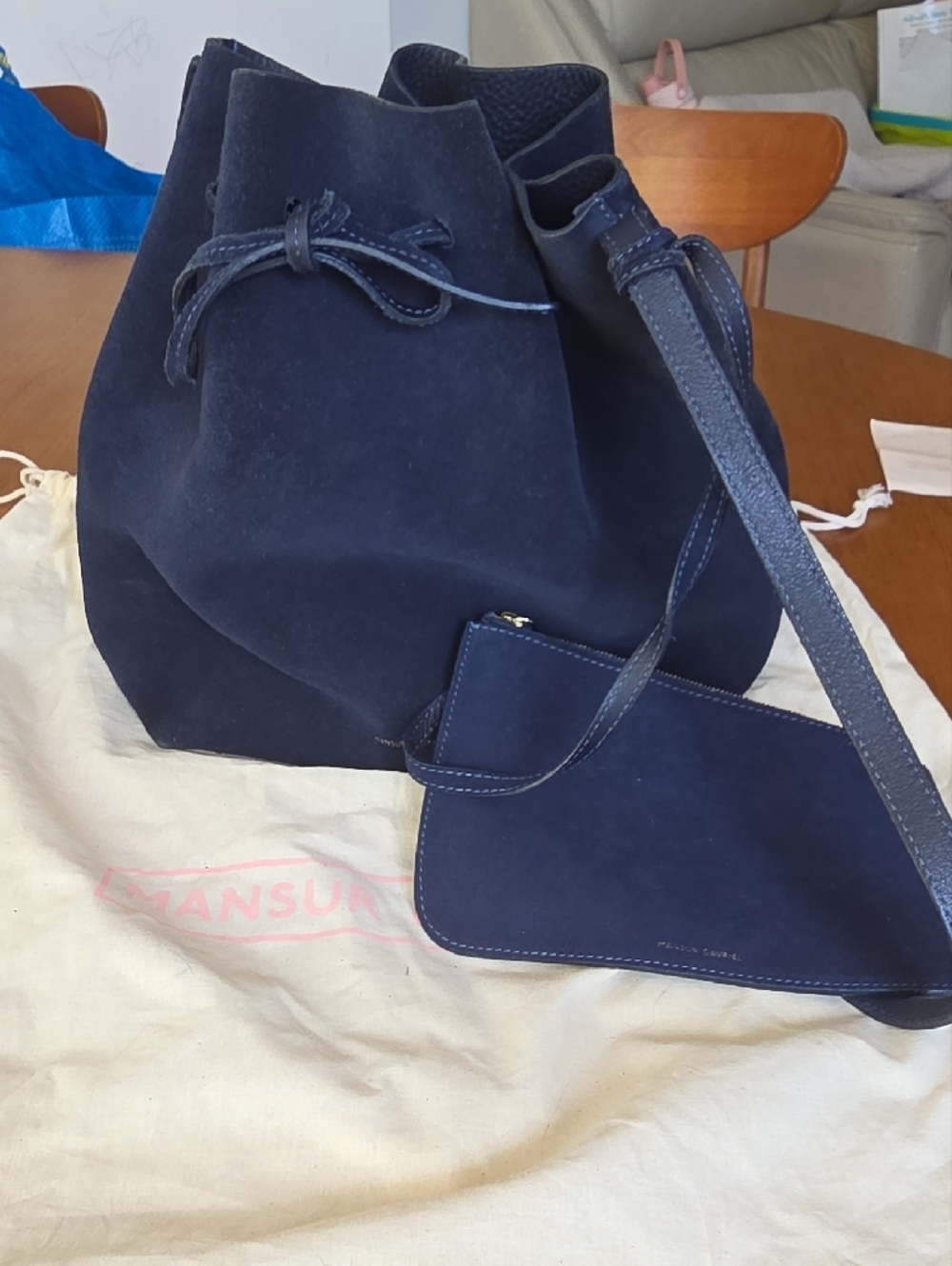 Mansur Gavriel Navy Suede Drawstring Bucket Bag with Pouch - Picture 4 of 10